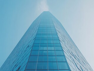 Obraz premium Modern Skyscraper Reaching Toward the Sky With Reflective Glass Facade Under Clear Blue Sky in Urban Environment With Soft Cloud Patterns