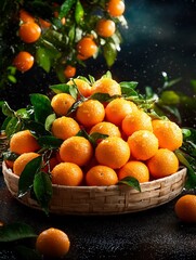 Vibrant oranges gleam in a rustic basket bathed in warm light. AI Generated