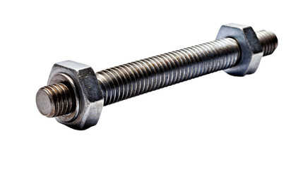"Heavy-Duty Metal Threaded Rod with Hex Nuts Isolated on White Background – Ideal for Industrial and Construction Use"

