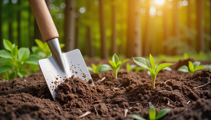 Close-up of spade digging into rich soil in garden bed illuminated by warm sunlight