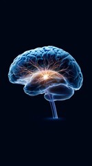 A glowing, digital representation of a brain with luminous sparks, highlighting neural activity against a dark background.