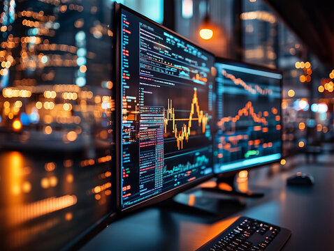 Financial Trading Monitors with Stock Market Charts and Festive Lights