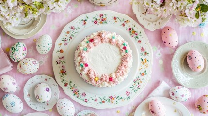An elegant Easter-themed flat lay with a cake centerpiece, decorated eggs, and floral napkins, leaving space for festive designs.