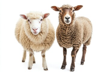 Fototapeta premium Two sheep, one light, one brown, face the camera.