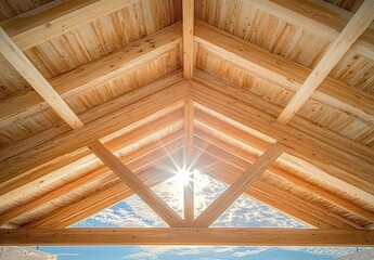 Stunning View of Sunlight Streaming Through Rustic Wooden Beams Under a Beautifully Crafted Roof in a Serene Natural Setting