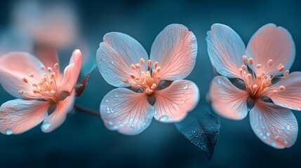 Delicate pink cherry blossoms on a deep blue background, soft petals and water droplets create a serene and artistic nature photograph