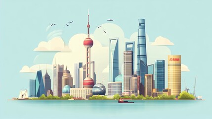 Obraz premium Stunning Shanghai Skyline Illustration Modern Cityscape Art