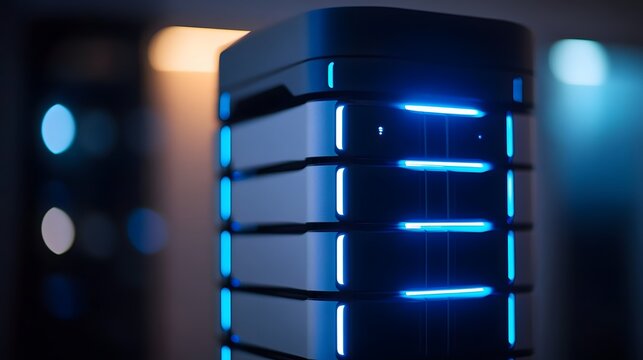 45. A sleek web hosting server stack with blue LED lighting, indicating a fast and secure hosting environment