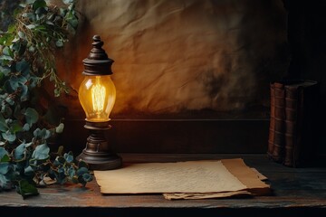 A vintage oil lamp surrounded by dried eucalyptus and old parchment on a wooden desk, exuding nostalgia.