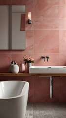 Serene Blush Bathroom:  Modern Minimalist Design with Rose Accents
