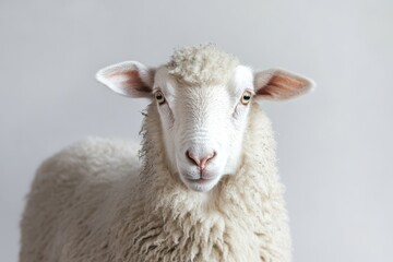 A fluffy white sheep stares straight ahead.
