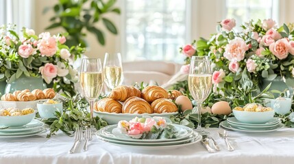A beautifully arranged Easter brunch table with mimosas, croissants, and fresh fruit, surrounded by spring flowers and ample space for copy.