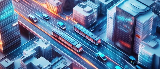 Obraz premium Drone perspective of a smart city campus, autonomous buses transporting workers, surrounded by modern architecture