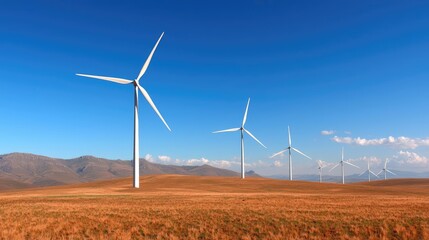 Wind turbines generate clean energy on a sunny day in a vast field with mountains in the background