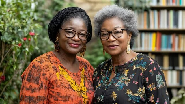 Portrait of Two Elegant Black Women with Braided Hair and Grey Hair Smiling Together in a Greenery Background, Celebrating Friendship and Diversity
