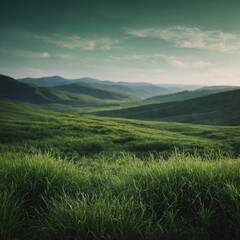 Fototapeta premium Abstract green wallpaper with a blurred landscape background.