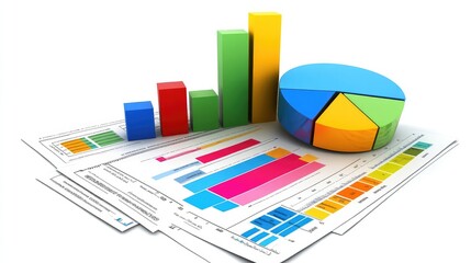 A business strategy plan featuring a pie chart, arrows, and financial documents, offering ample room for copy and branding space.