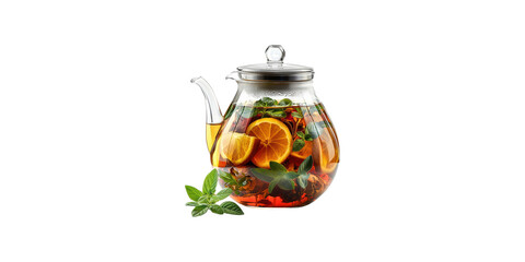 Glass teapot with lemon and mint infused tea isolated on transparent background