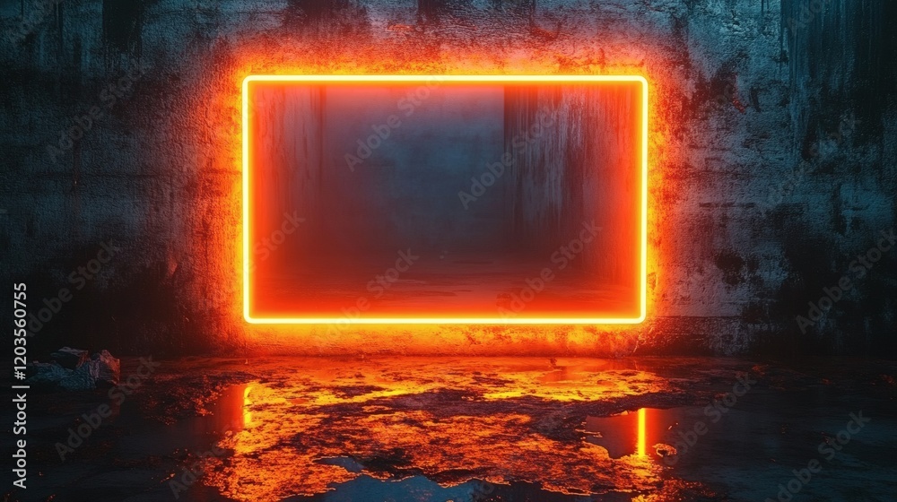 Wall mural neon orange rectangular frame radiating a warm glow set against a rough dark concrete background cre