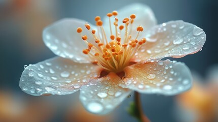 Fototapeta premium Delicate petals of a flower with water droplets reflect the early morning light, captured with beautiful bokeh