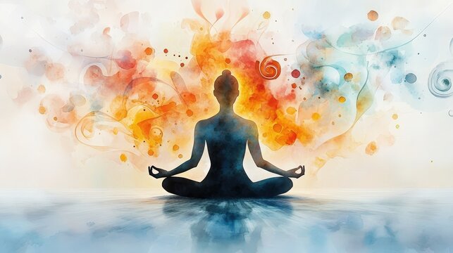 The watercolor illustration depicts a person in a yoga lotus position, surrounded by a vibrant and fantastical background filled with an array of colorful shapes and swirling patterns