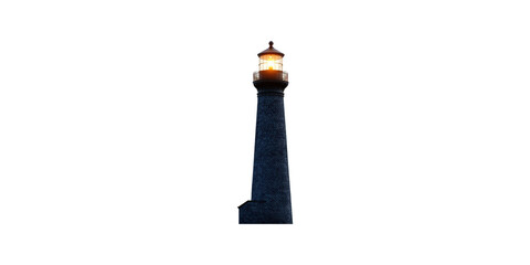 Tall brick lighthouse tower with lit lantern isolated on transparent background © sweet_mellow