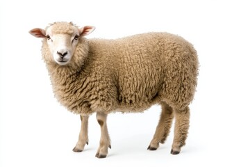 Fluffy sheep standing against white background.