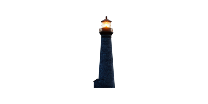 Tall brick lighthouse tower with lit lantern isolated on transparent background
