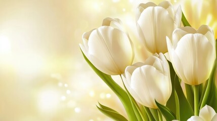 Naklejka premium A close-up of white tulips in full bloom with a soft, blurred background, symbolizing renewal and purity, with space for reflective themes and copy.