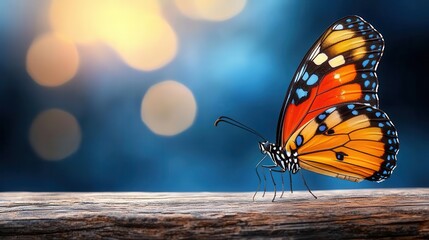 Obraz premium Colorful butterfly perched on a wooden surface with blurred background.