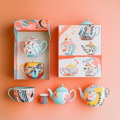Colorful Teapot and Cup Set: A delightful collection of whimsical teapots and cups, each with a unique hand-painted design.  A playful pop of color adds a touch of joy to any kitchen or tea party.
