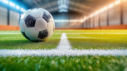 The futuristic indoor soccer field glows with white lines and features state of the art technology, creating a dynamic and immersive playing environment for athletes and spectators alike.