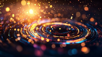 A mesmerizing swirl of vibrant colors and sparkling lights, creating a dynamic interplay between water ripples and glowing particles.