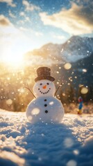 Obraz premium Snowman in sunny mountain field with children playing in snow