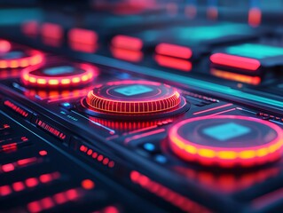 Obraz premium A close-up view of illuminated control buttons and dials on a futuristic sound mixer, featuring vibrant red and blue lighting.