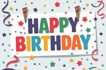 Joyful birthday scene with HAPPY BIRTHDAY banner confetti