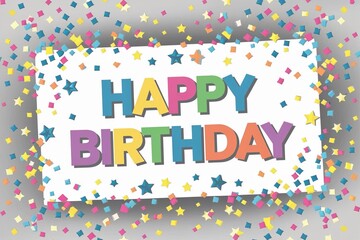 Joyful birthday scene with HAPPY BIRTHDAY banner confetti