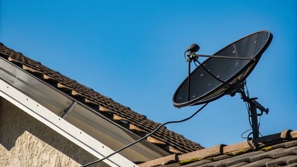 Black Satellite Dish on Rooftop Against Vibrant Blue Sky - Stock Photo