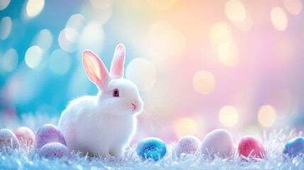A festive Easter celebration scene with decorative eggs, bunny figurines, and a soft pastel backdrop, leaving space for text or designs.