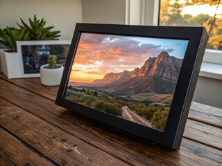 Fototapeta premium Black Wooden Frame Mockup on Stunning Mountain Landscape Stock Photo