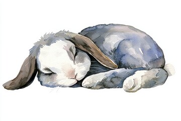 Fototapeta premium Watercolor rabbit sleeping cozy home animal art tranquil environment close-up view relaxation concept, isolated on white background