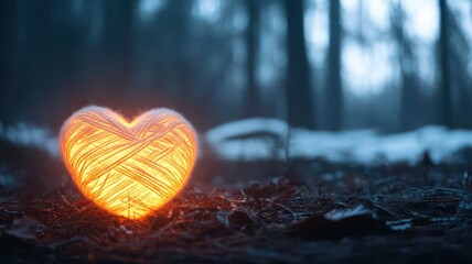 Fototapeta premium Softly lit heart-shaped yarn glowing in foggy winter forest. Winter romance decoration
