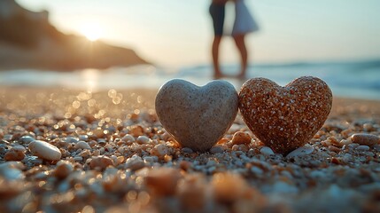 Fototapeta premium Romantic Beach Sunset Two Heart Shaped Stones