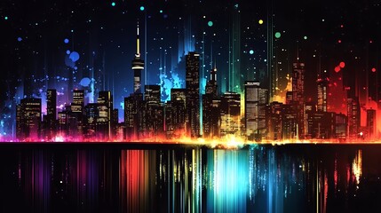 Vibrant City Nightscape Rainbow Skyline Digital Art