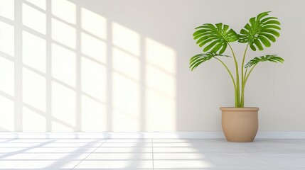 Potted monstera plant in a bright room with soft shadows.