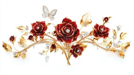 Ornate red rose centerpiece with gold and crystal stem, sparkling red roses, golden leaves, and delicate floral accents, framed by a regal arch and crystal butterfly.