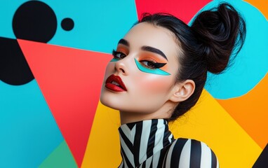 Obraz premium A woman with high-fashion makeup and glossy dark hair, set in front of a bold geometric shape-filled backdrop