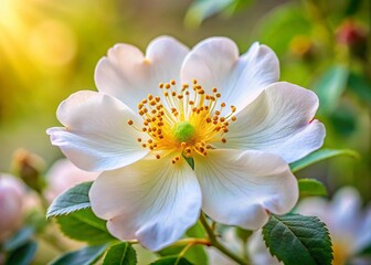 Fototapeta premium Blooming White Dog Rose Flower, Close-up, Rule of Thirds Photography