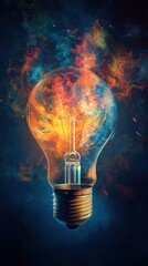 Vivid lightbulb with colorful burst on soft gradient background