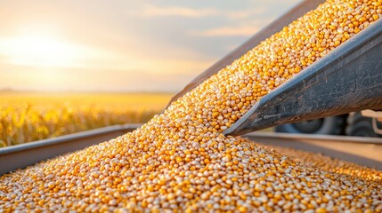 The golden afternoon sunlight glistened off the freshly harvested corn maize seeds as the harvester poured them into the container trailer